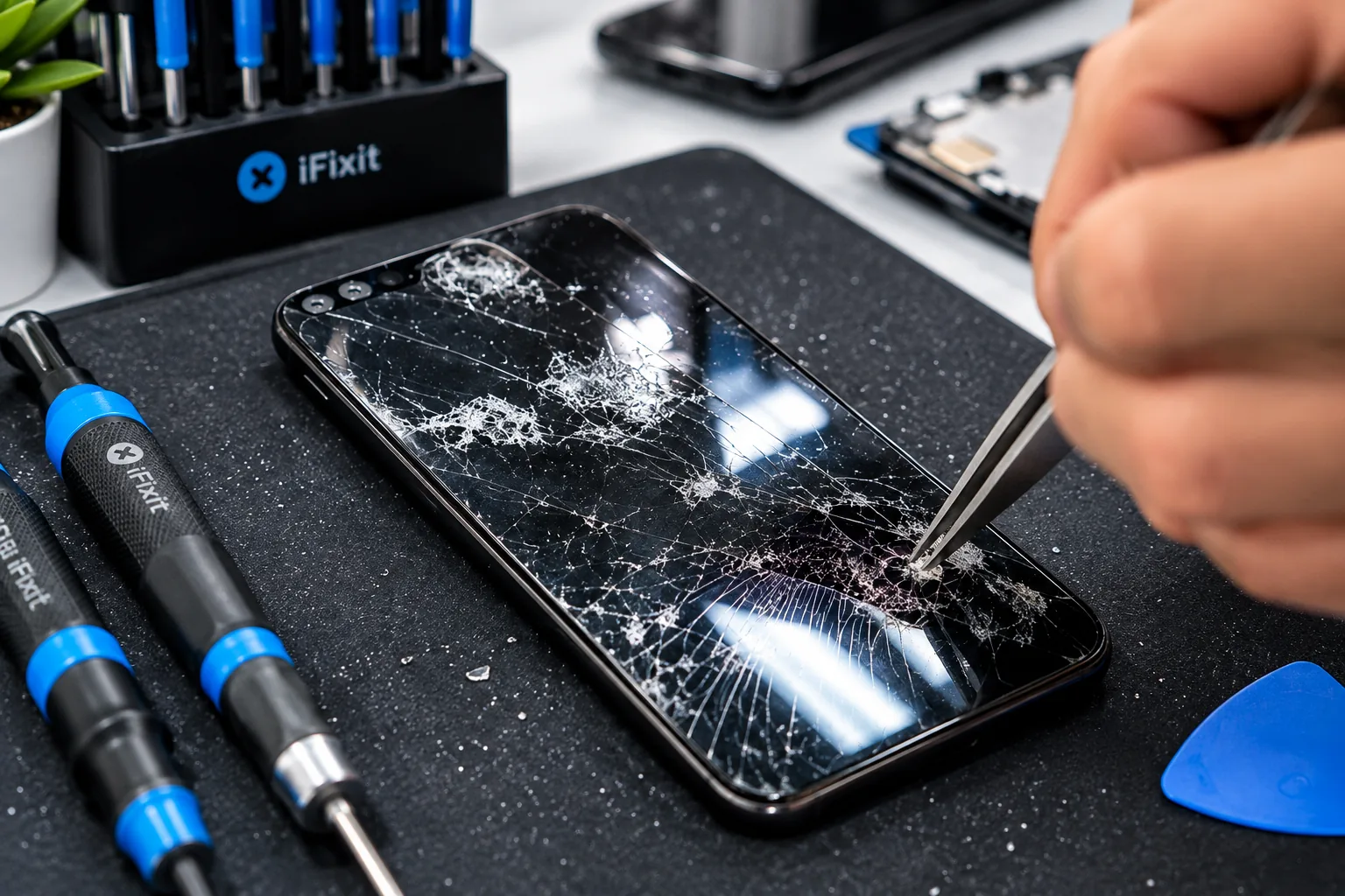 Cracked phone screen being repaired at M Wireless in Georgia