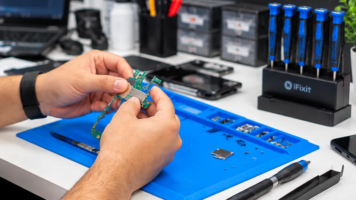 Repair bench with tools and a phone board at an M Wireless store
