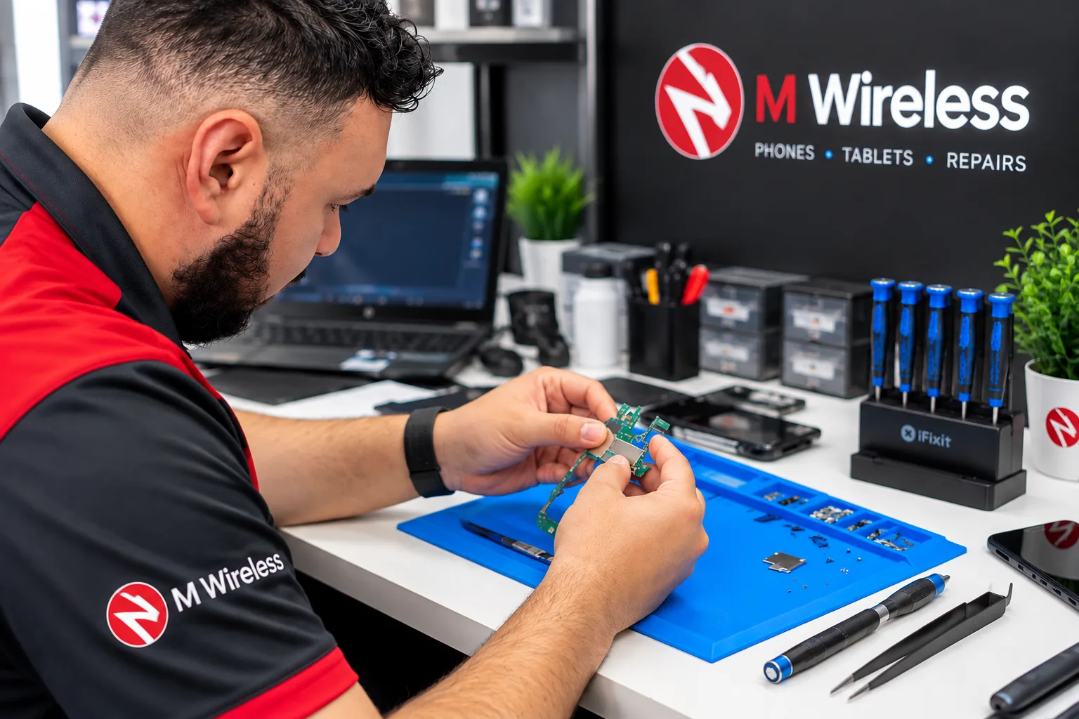 M Wireless technician repairing a phone at a Georgia store
