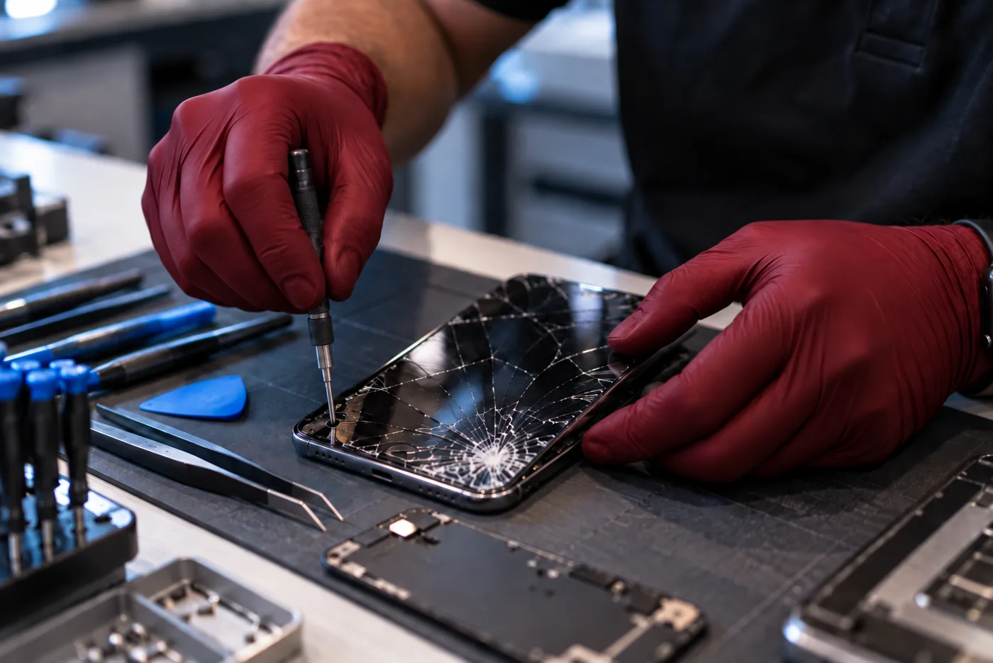 MWireless technician working on an opened phone at the repair bench